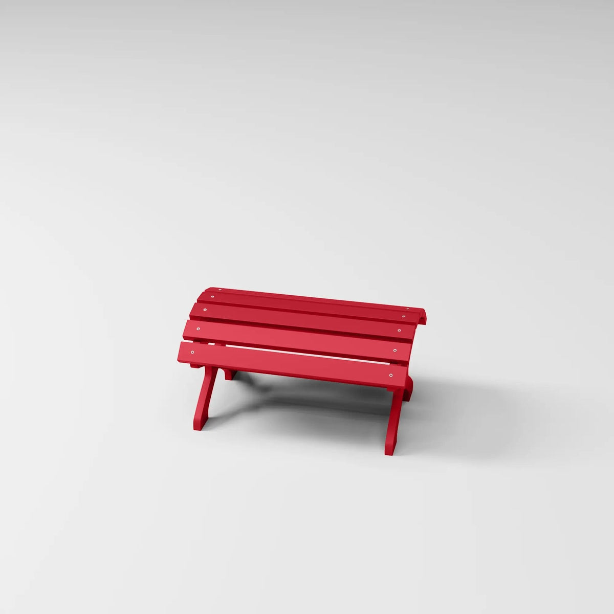 RVO Products red HDPE plastic classic footstool with slatted top, designed to match Muskoka chairs for outdoor comfort.