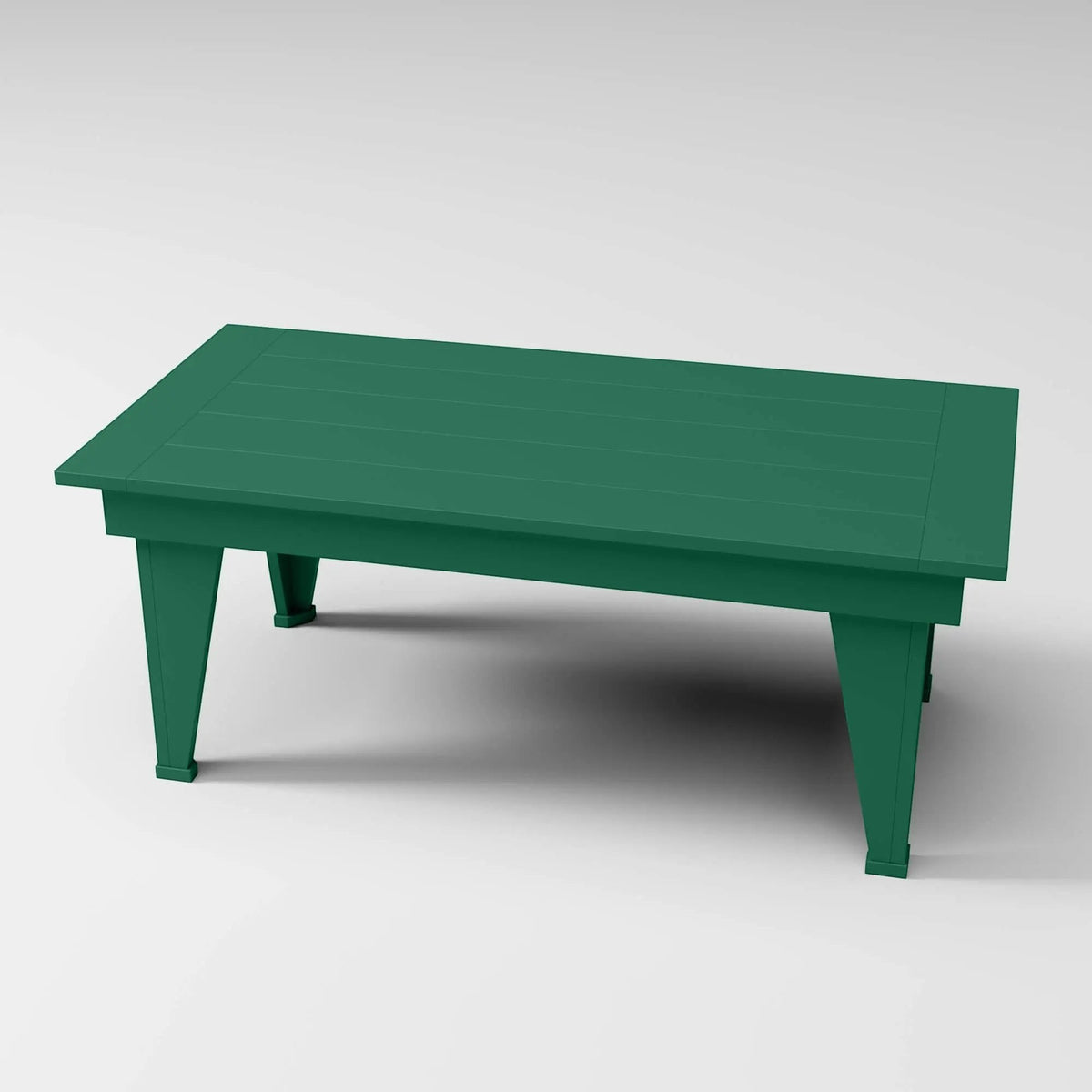 RVO Products modern green HDPE plastic coffee table with slatted top, designed for outdoor use.