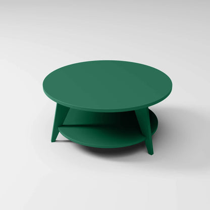 Modern Round Coffee Table in forest green, built to endure outdoor weather