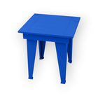 RVO Products blue HDPE plastic modern end table with slatted top, perfect for outdoor seating areas.
