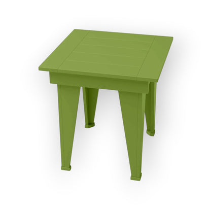 RVO Products green HDPE plastic modern end table with slatted top, perfect for outdoor seating areas.
