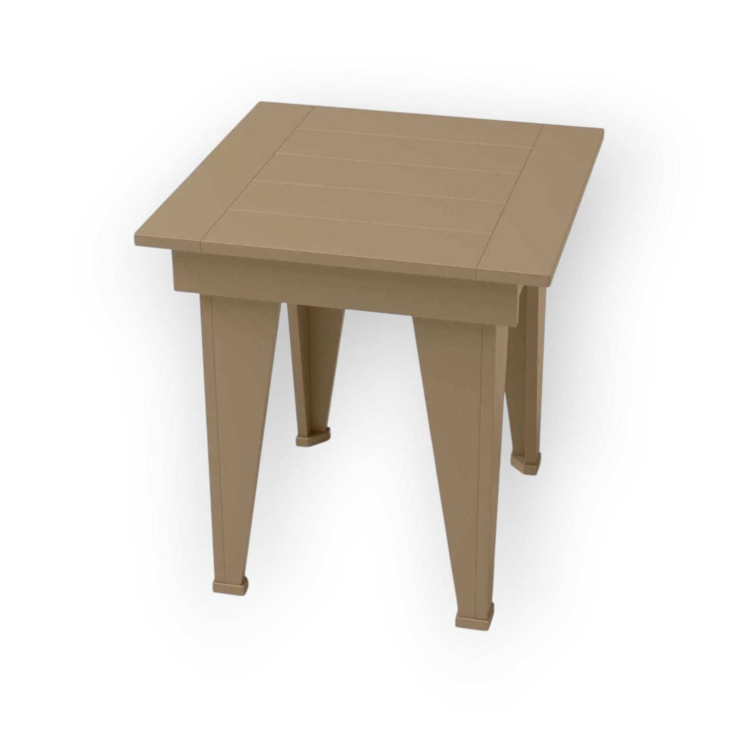 RVO Products modern tan HDPE plastic end table with slatted top, perfect for outdoor spaces.