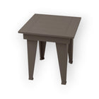 RVO Products modern taupe HDPE plastic outdoor end table with slatted top and tapered legs.