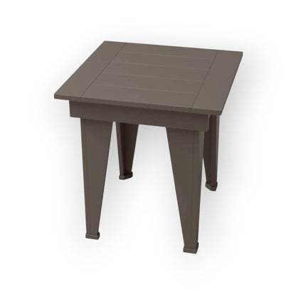 RVO Products modern taupe HDPE plastic outdoor end table with slatted top and tapered legs.