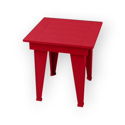 RVO Products red HDPE plastic modern end table with slatted top, ideal for outdoor use.