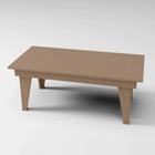 RVO Products modern coffee table made from tan HDPE plastic with a slatted top and tapered legs.