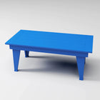 RVO Products bright blue HDPE plastic modern coffee table with slatted top and four tapered legs, perfect for outdoor seating areas.