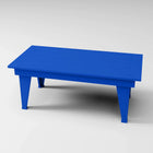 RVO Products modern blue HDPE plastic coffee table with slatted top and tapered legs, perfect for outdoor seating areas.