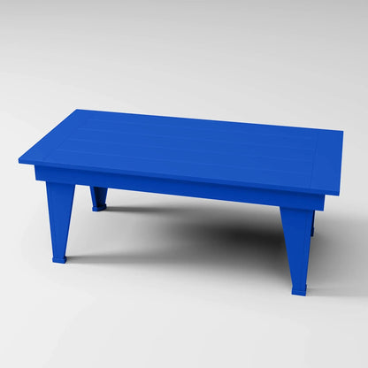 RVO Products modern blue HDPE plastic coffee table with slatted top and tapered legs, perfect for outdoor seating areas.