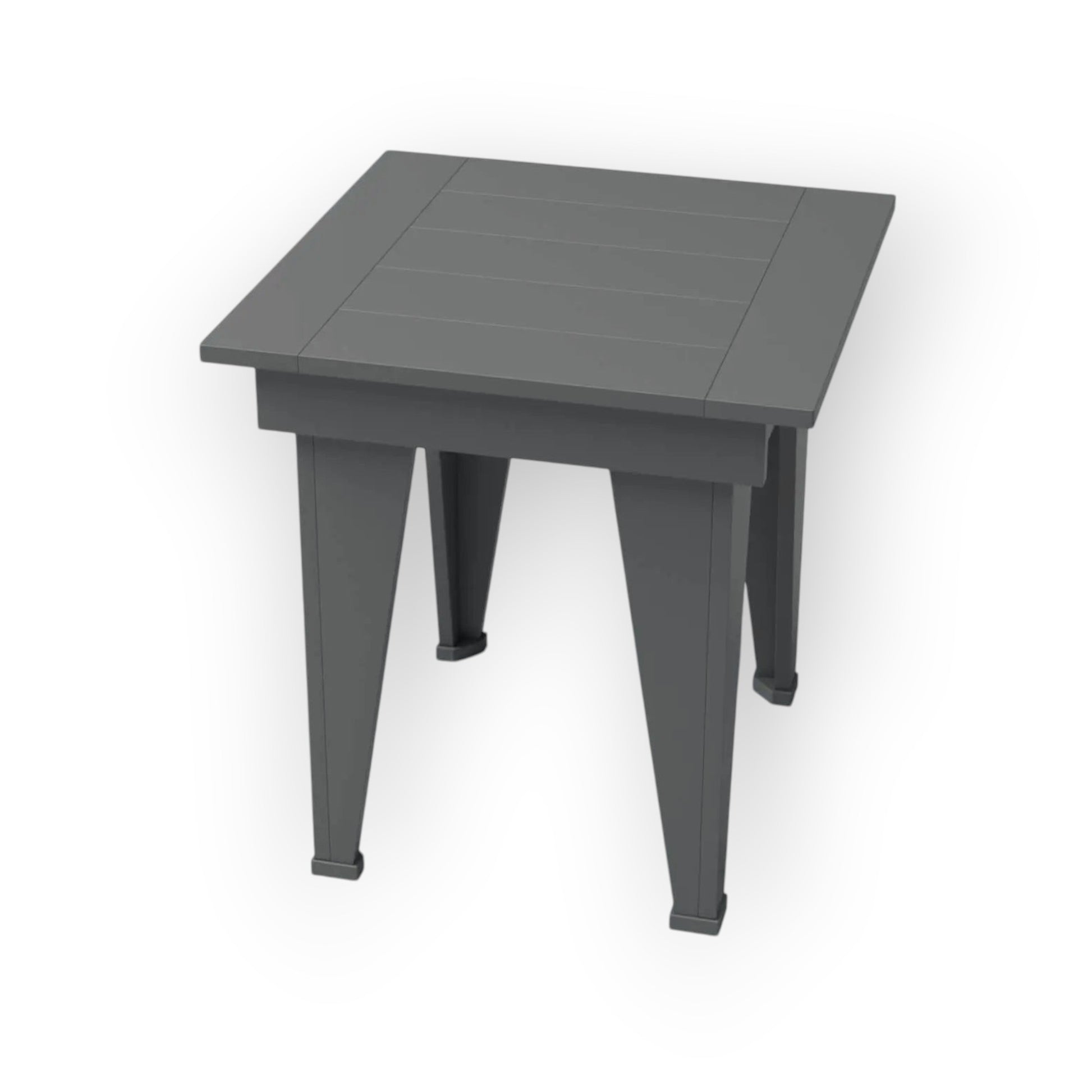 RVO Products modern grey HDPE plastic end table with slatted top and tapered legs, perfect for outdoor use.