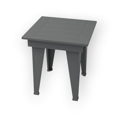 RVO Products modern grey HDPE plastic end table with slatted top and tapered legs, perfect for outdoor use.