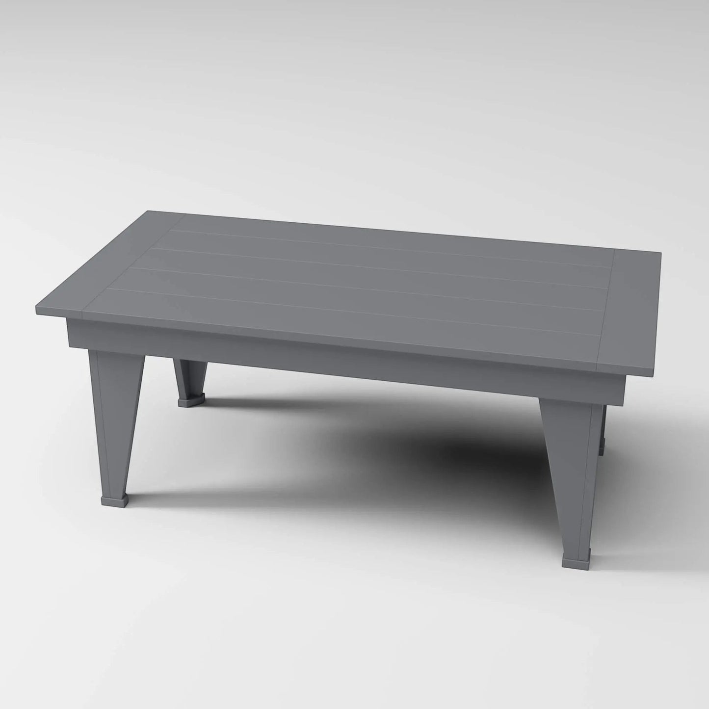 RVO Products grey HDPE plastic modern coffee table with slatted top and tapered legs, designed for outdoor use.