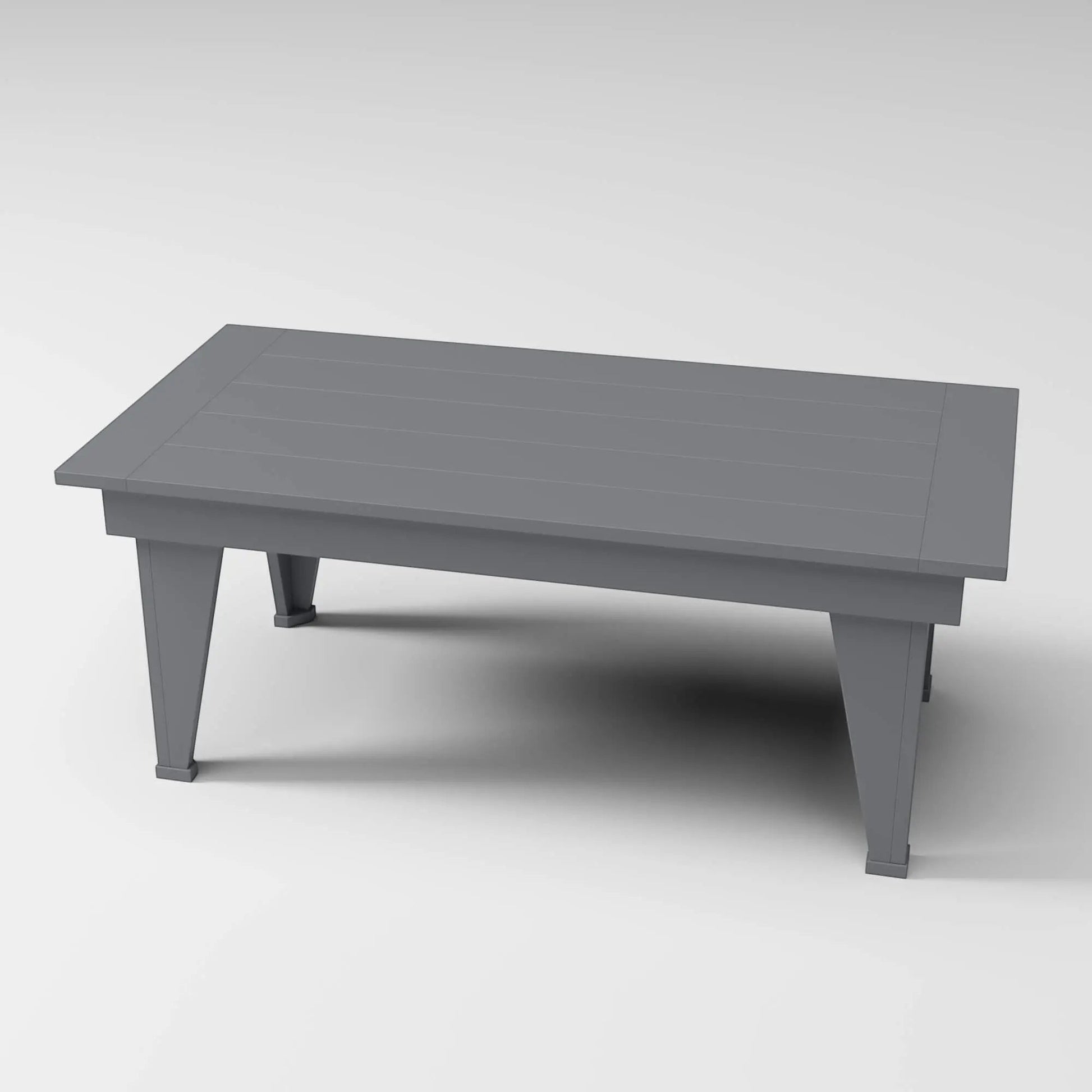 RVO Products grey HDPE plastic modern coffee table with slatted top and tapered legs, designed for outdoor use.