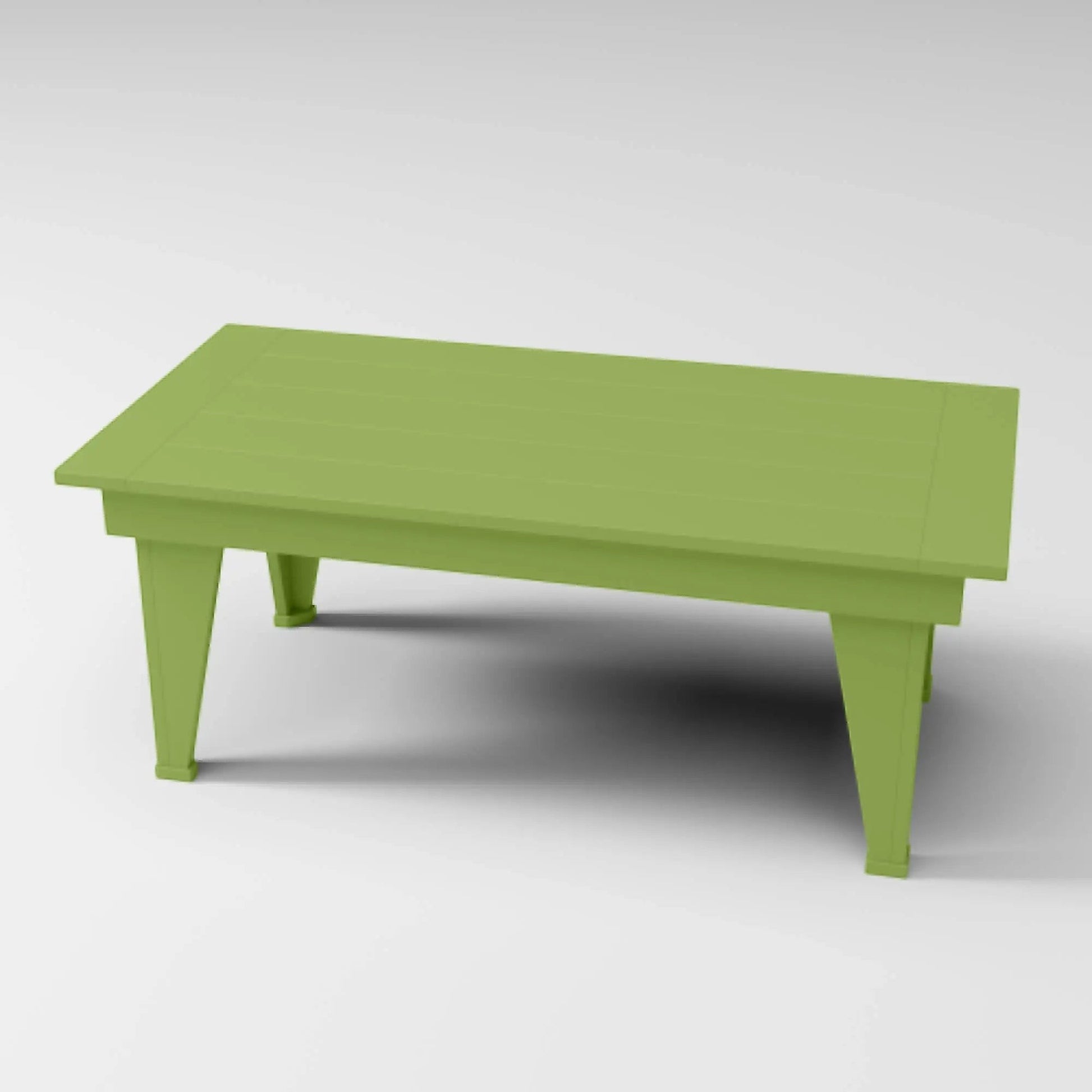 RVO Products modern lime green HDPE plastic coffee table with slatted top, designed for outdoor use.