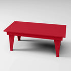 RVO Products red HDPE plastic modern coffee table with slatted top, designed for outdoor use.