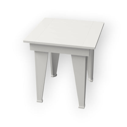 RVO Products white HDPE plastic modern end table with clean lines and tapered legs, perfect for outdoor use.